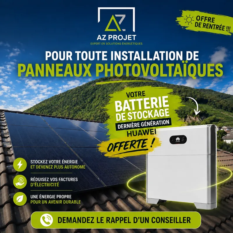 Affiche offre de rentrée : batterie de stockage Huawei dernière génération offerte pour toute installation de panneaux photovoltaïques