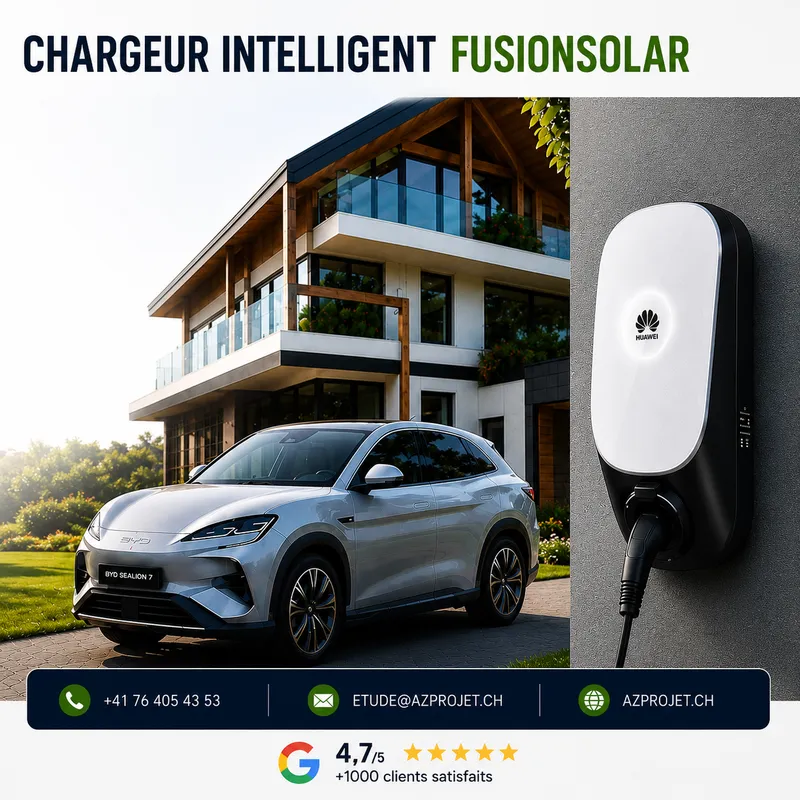 Affiche : chargeur intelligent Huawei FusionSolar devant une maison moderne avec une BYD Sealion 7