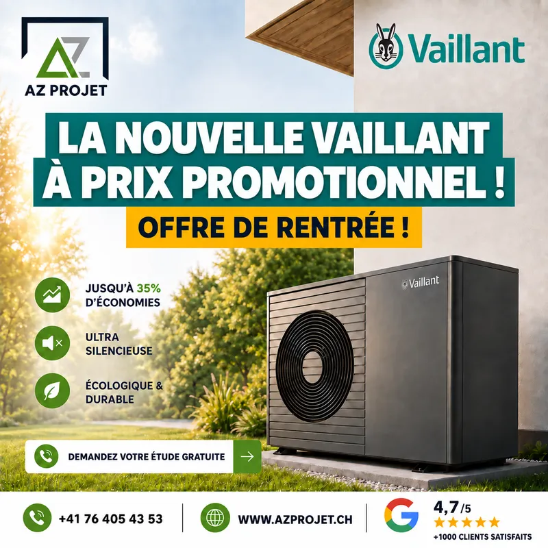 Affiche offre de rentrée : la nouvelle pompe à chaleur Vaillant à prix promotionnel, ultra silencieuse, écologique et durable