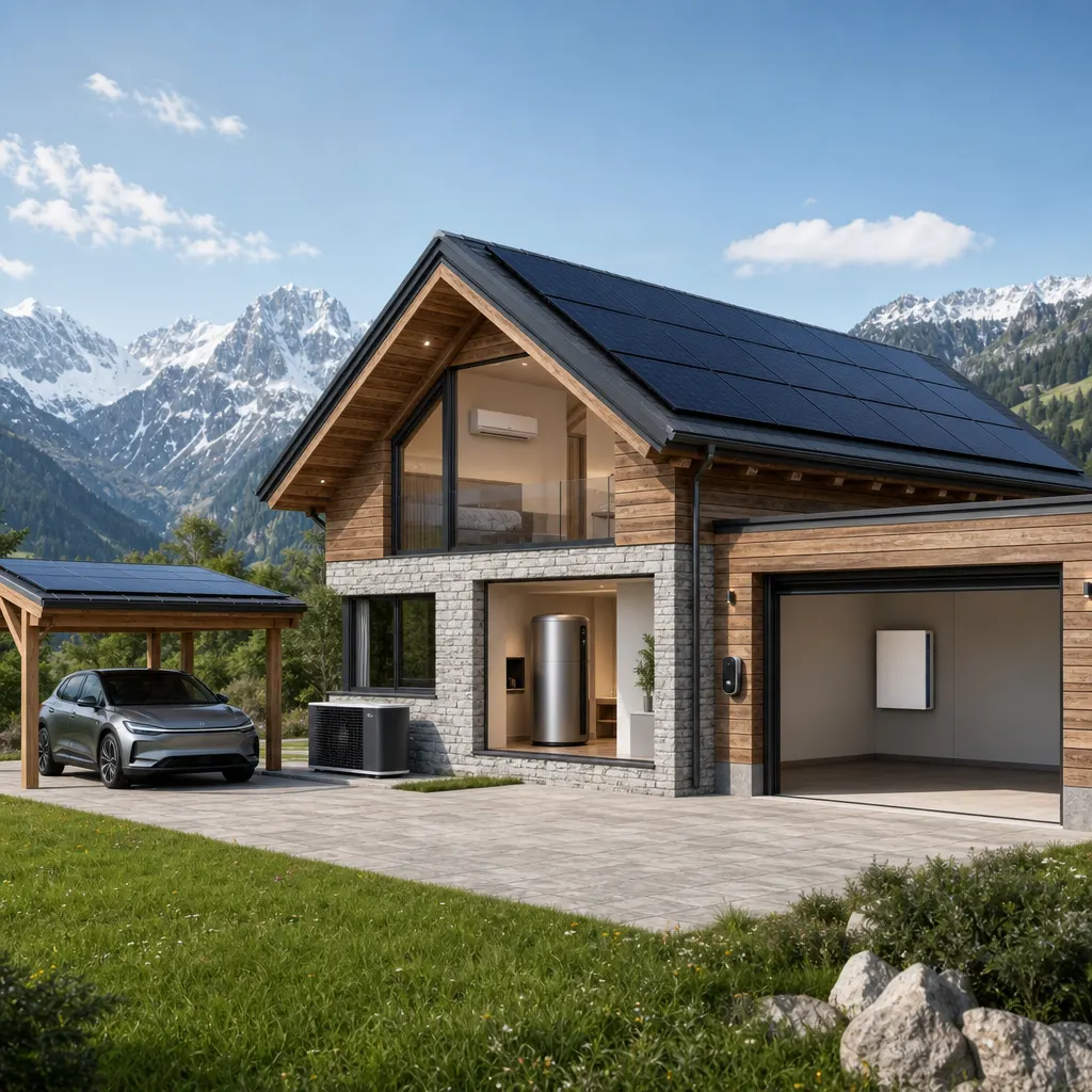Maison suisse équipée de panneaux solaires, pompe à chaleur, climatisation, chauffe-eau thermodynamique, batterie, borne de recharge et carport solaire